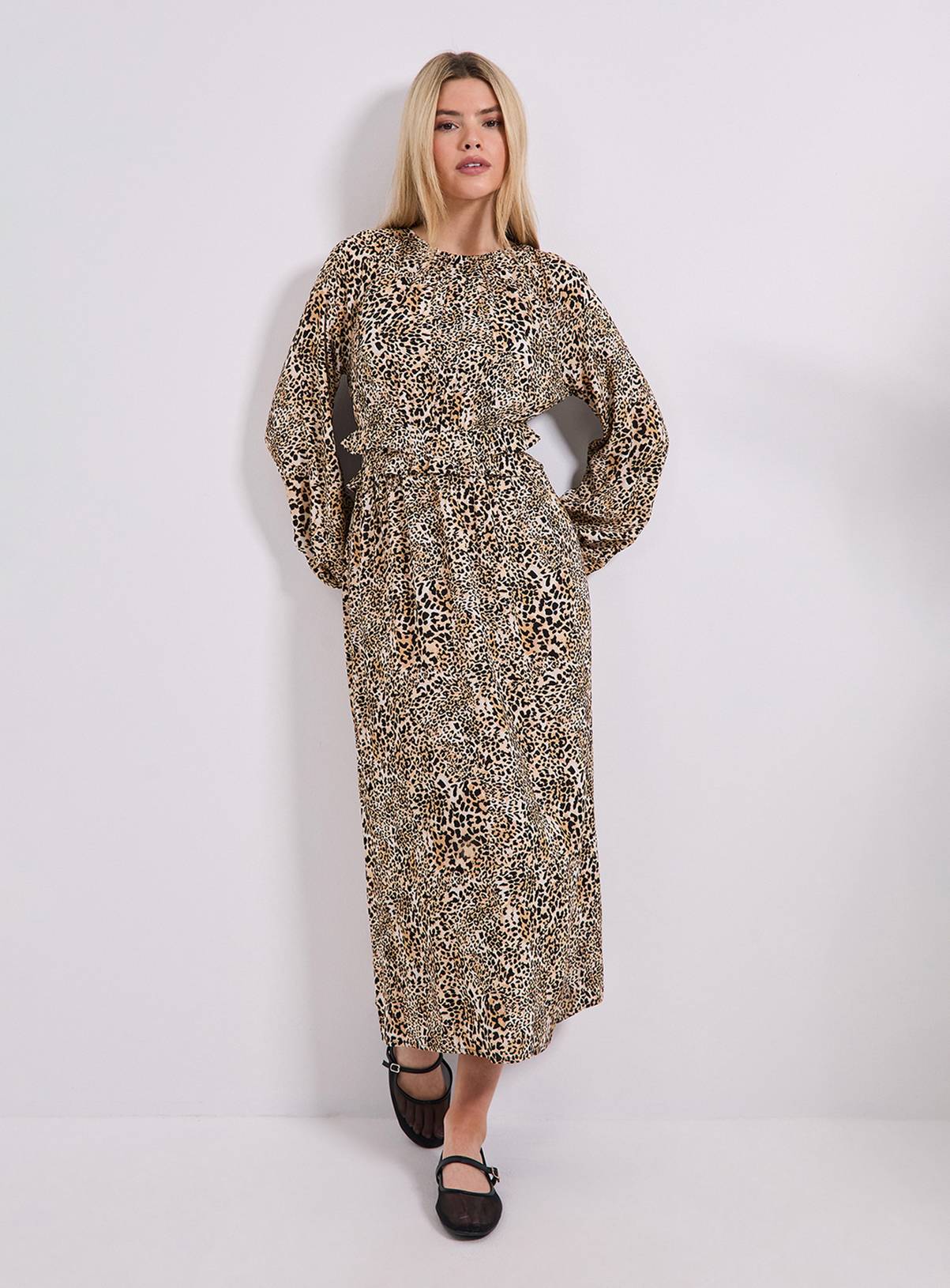 DOROTHY PERKINS Animal Frill Waist Detail Blouson Sleeve Midaxi Dress 8 - Image 1